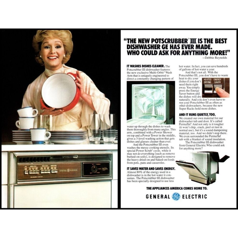 1978 GE General Electric Dishwasher 2 Page Vintage Print Ad Debbie Reynolds Art